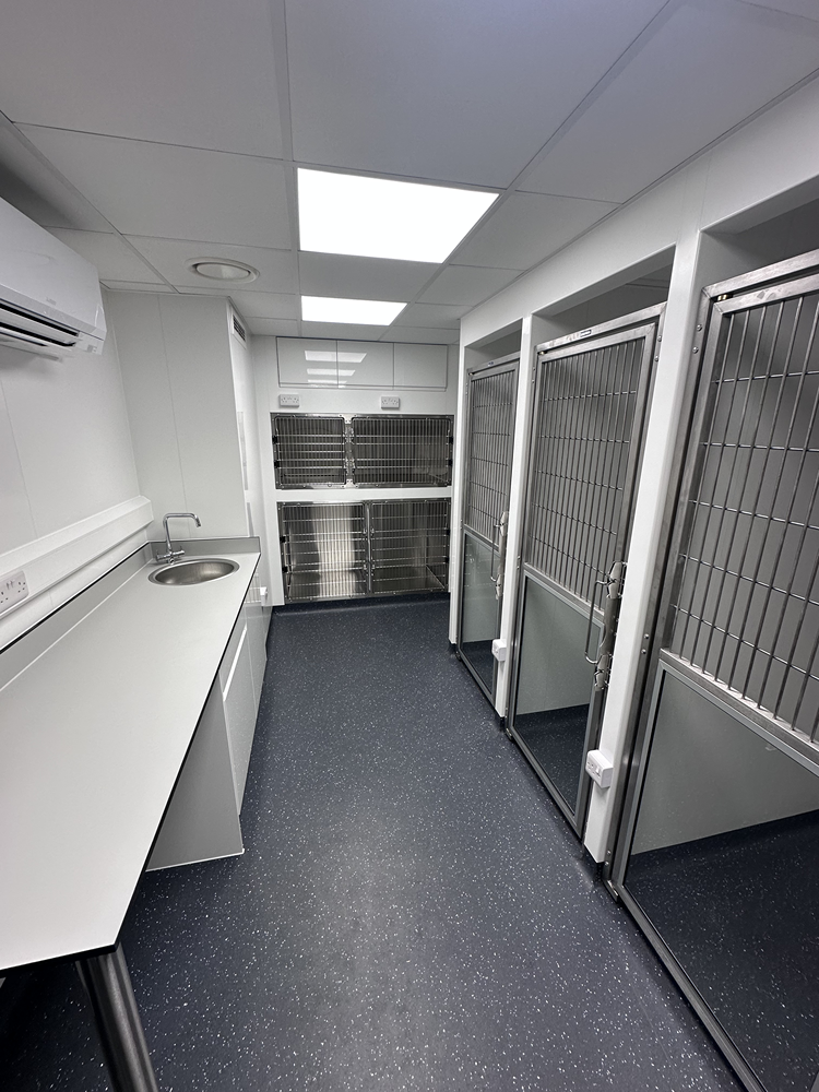 Kennel room fit-out with sink counter and stainless cages