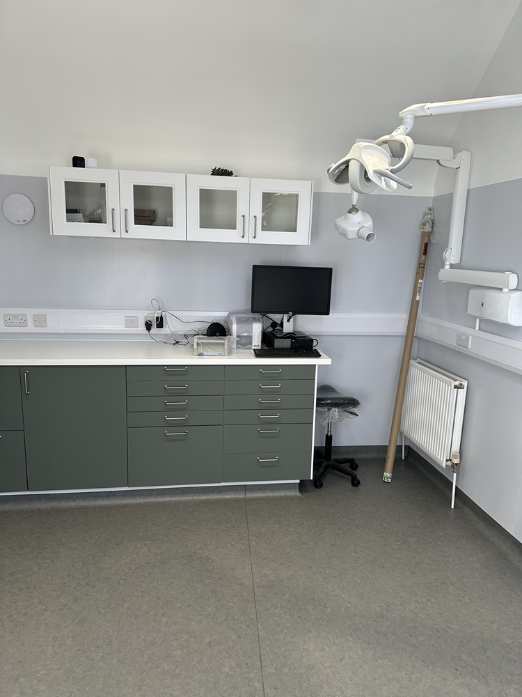 Veterinary consulting room fit-out with clinical cabinetry and examination light