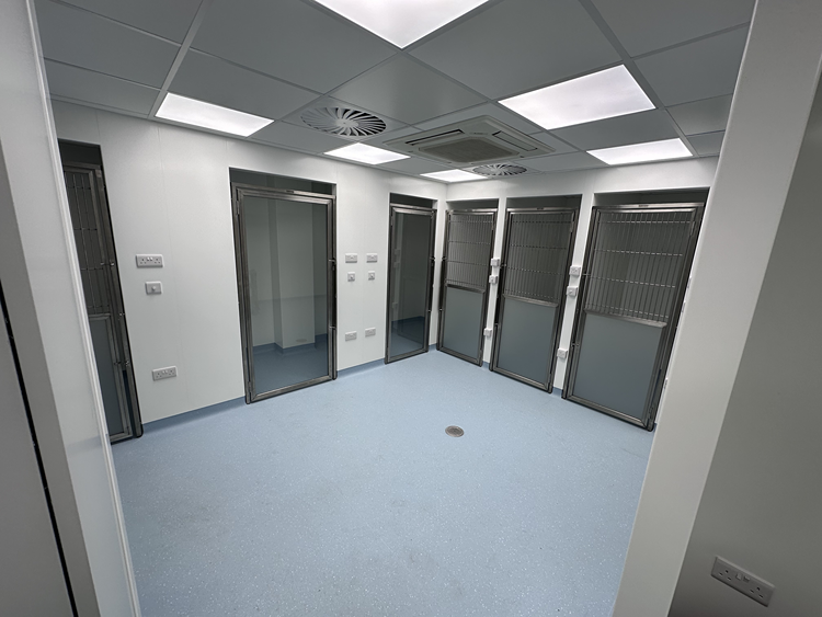 Veterinary kennel ward with glass-fronted kennels and non-slip clinical flooring