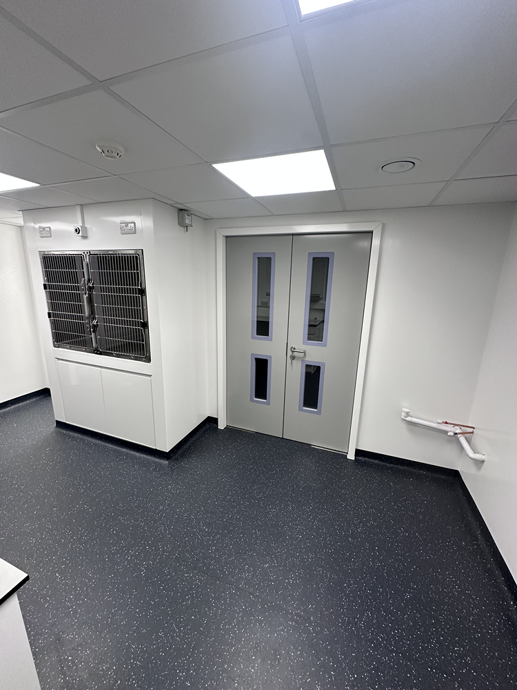 Veterinary ward fit-out with kennel bank and clinical double doors